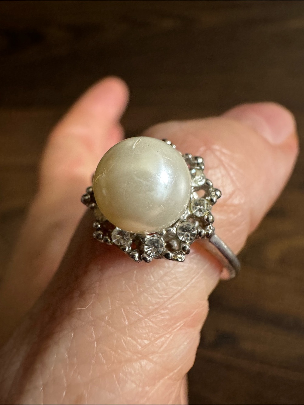 Antique Pearl and Crystal Halo Ring